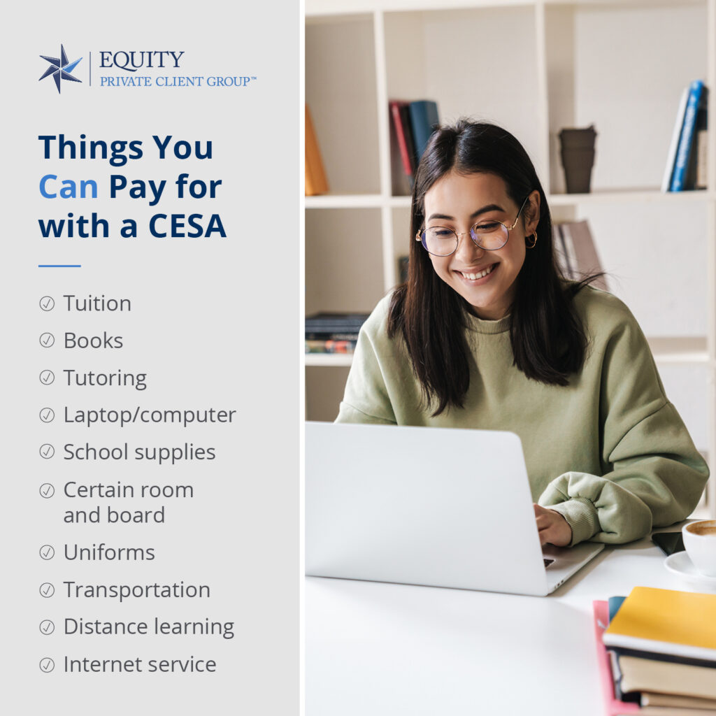 college student smiling next to a list of things you can pay for with a cesa