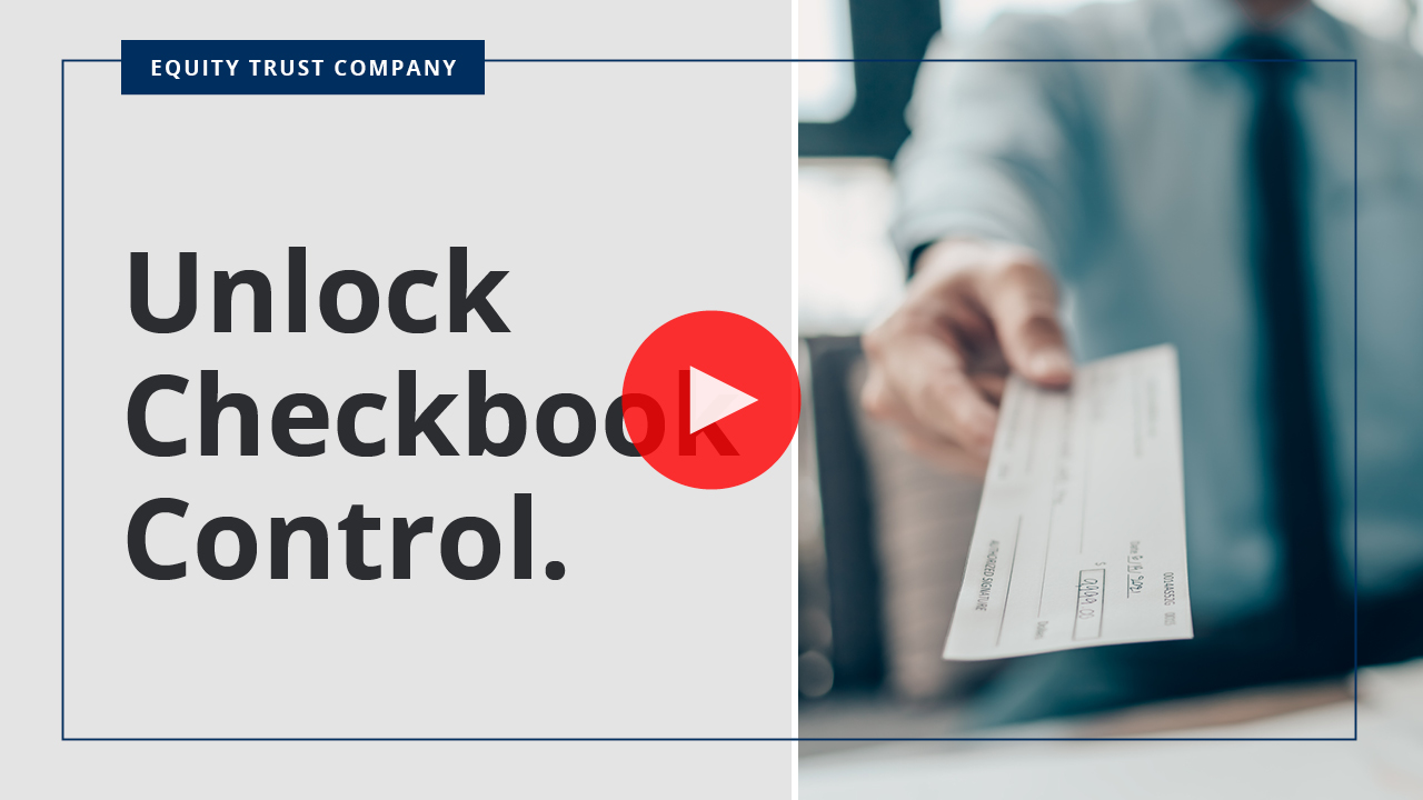 video thumbnail of person paying for investment with check from their ira account and text 'unlock checkbook control'